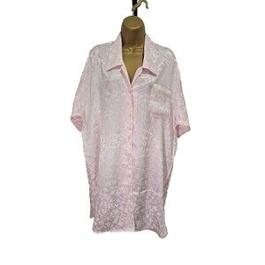 Courtney Pink Night Shirt Small Satin Floral Pocket Collared Oversized Comfy